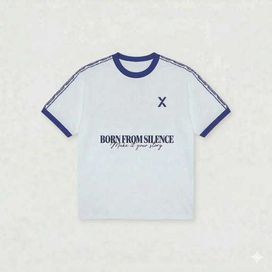 Front view of The Trail Tee in White — LUNEX boxy ringer t-shirt, Summer 26
