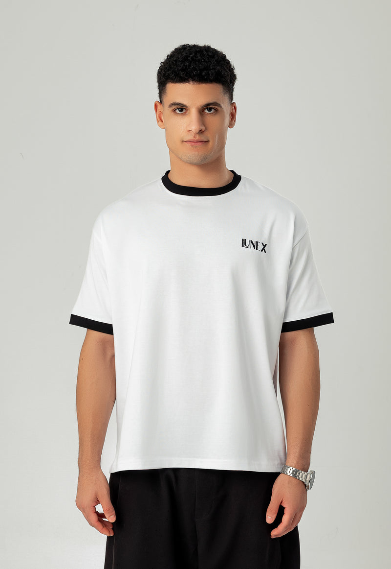 LUNEX white ringer tee — black trim and embroidered "LUNEX" chest, front