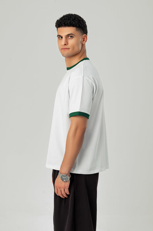 Side view of LUNEX white ringer tee with olive trim