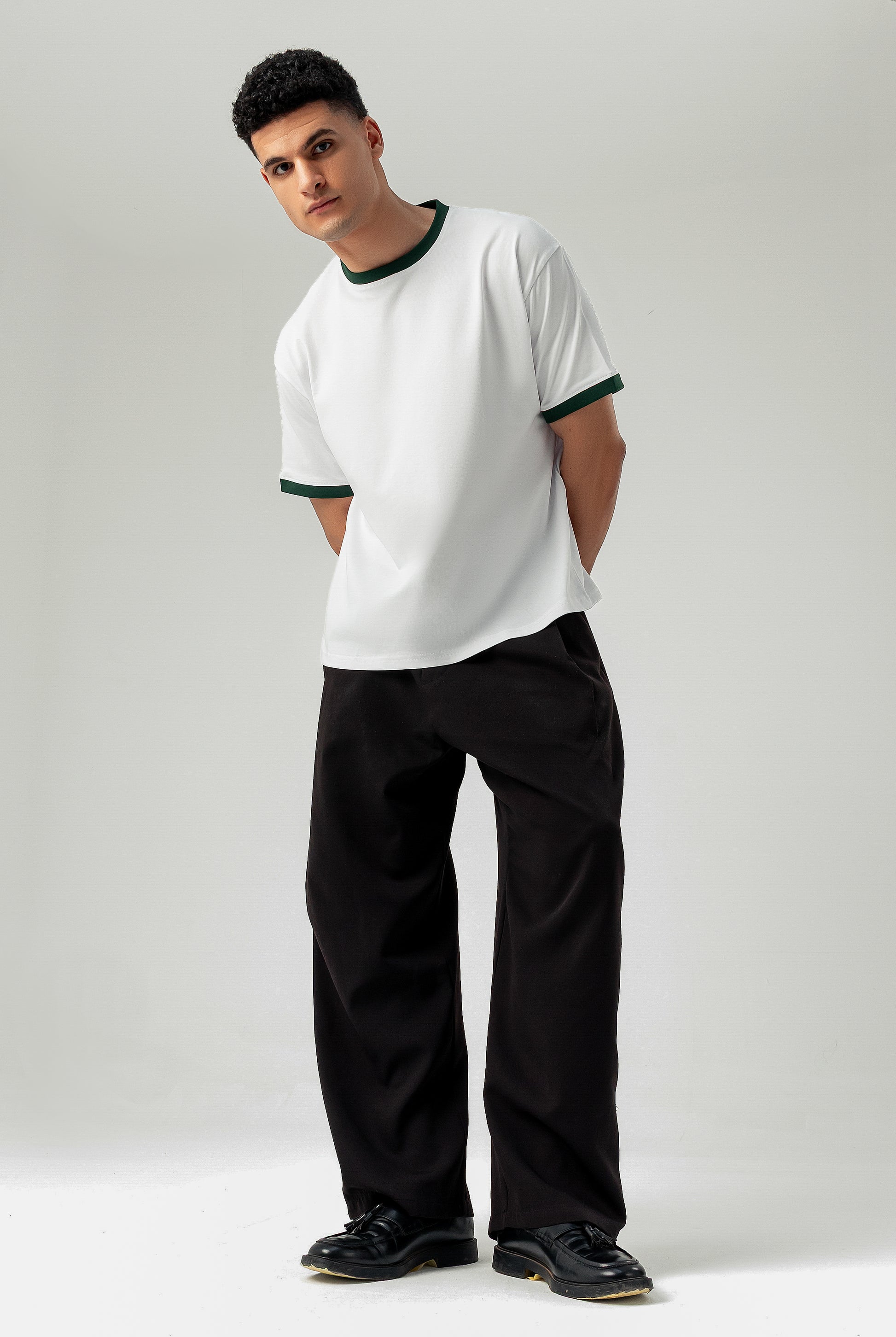 LUNEX Ringer Tee — white with olive trim, boxy cotton, full front view