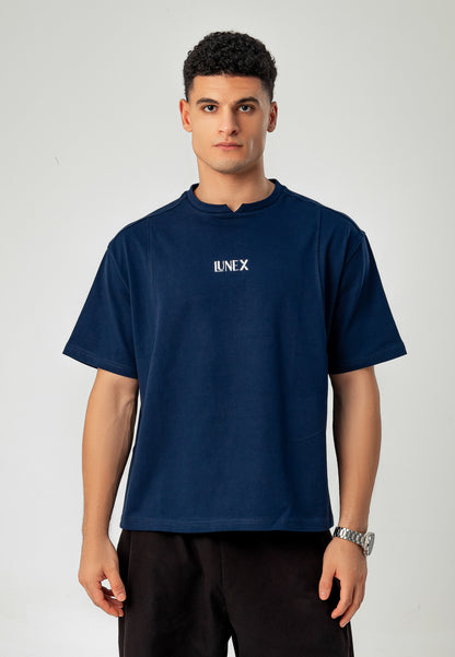 LUNEX navy heavyweight tee — V-notch collar and embroidered "LUNEX", front