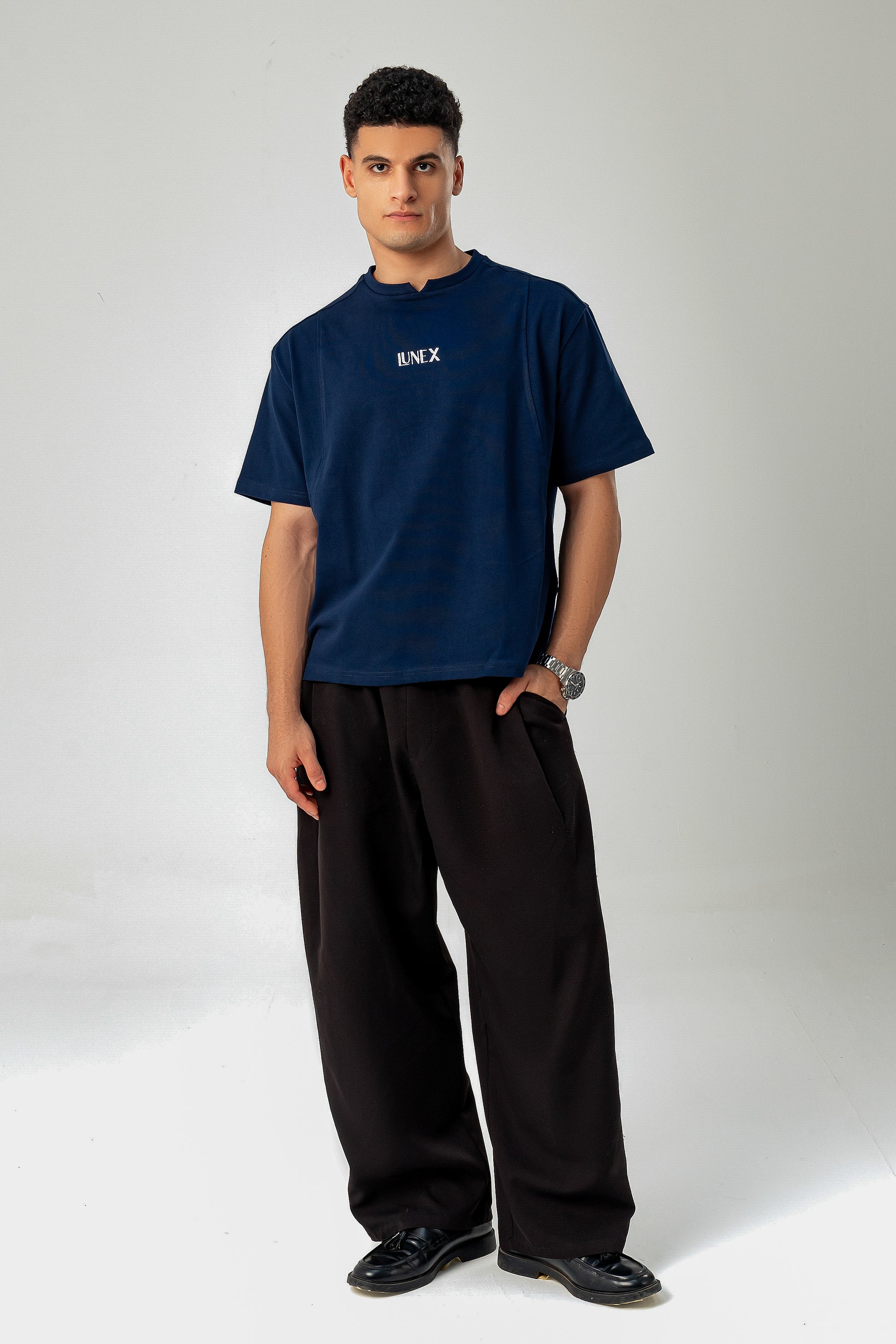 LUNEX Heavyweight Tee in navy — 100% cotton, oversized, full front view