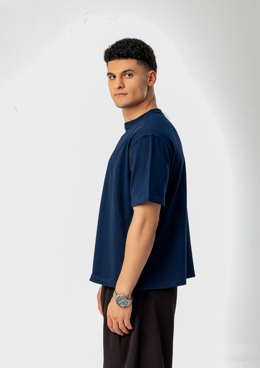Side view of LUNEX navy oversized heavyweight tee