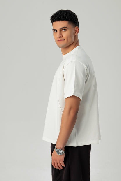 Side view of LUNEX off-white heavyweight tee with panel seaming