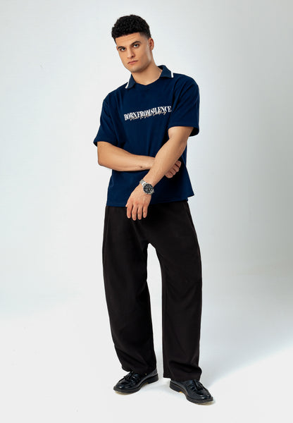 LUNEX Polo Tee in navy — boxy premium cotton polo, front view