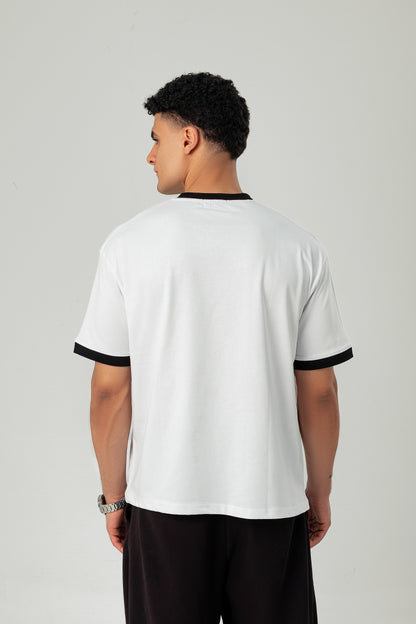 Back view of LUNEX white ringer tee with black trim