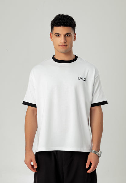 LUNEX white ringer tee — black trim and embroidered "LUNEX" chest, front