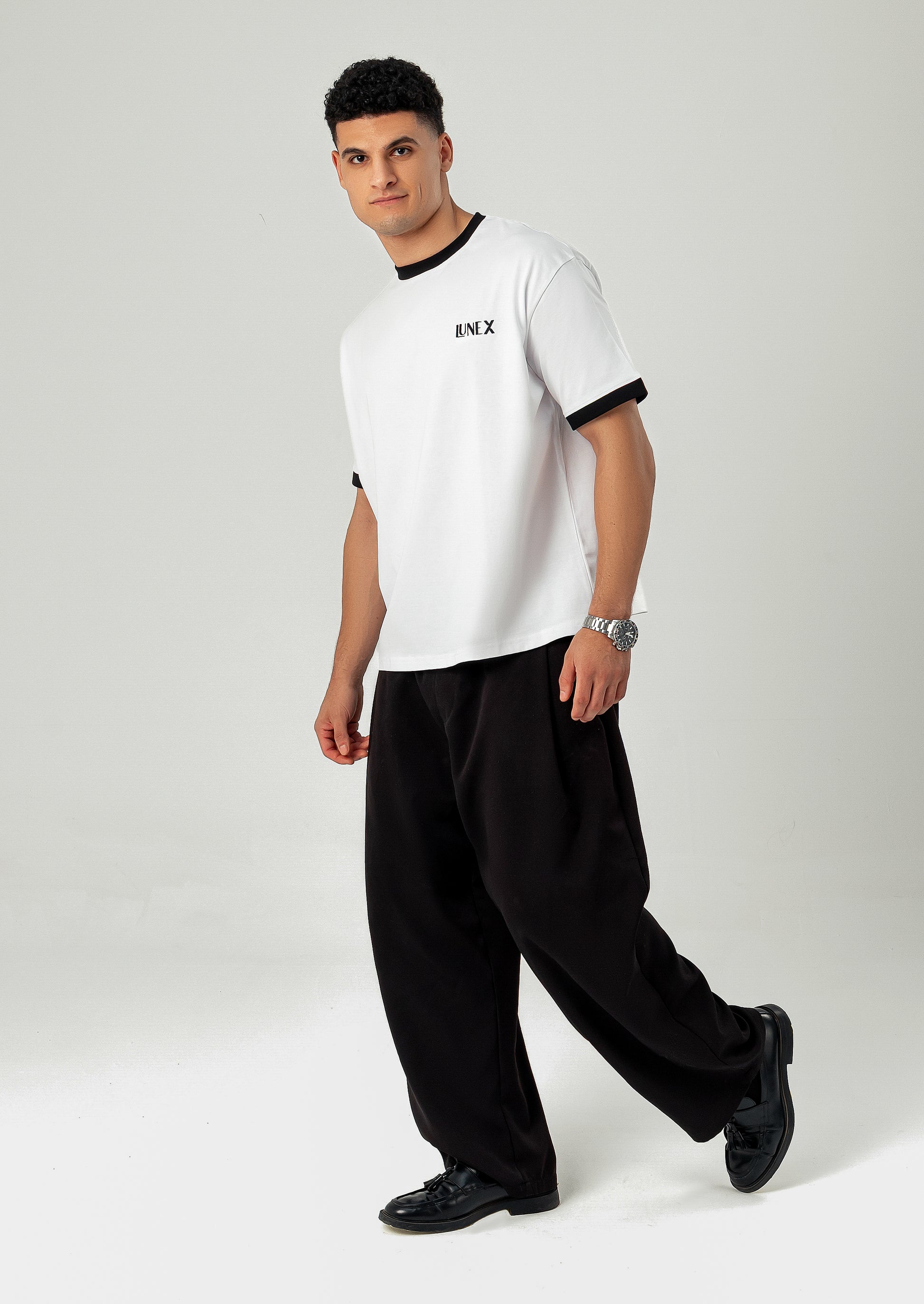 LUNEX Ringer Tee — white with black trim, boxy cotton, full front view