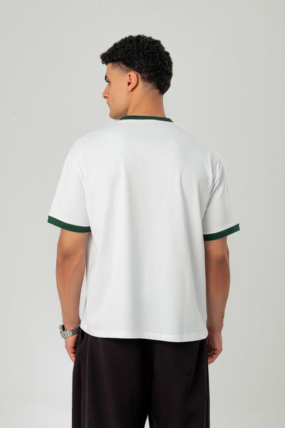 Back view of LUNEX white ringer tee with olive trim
