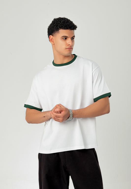LUNEX white ringer tee — olive trim at neck and cuffs, front detail