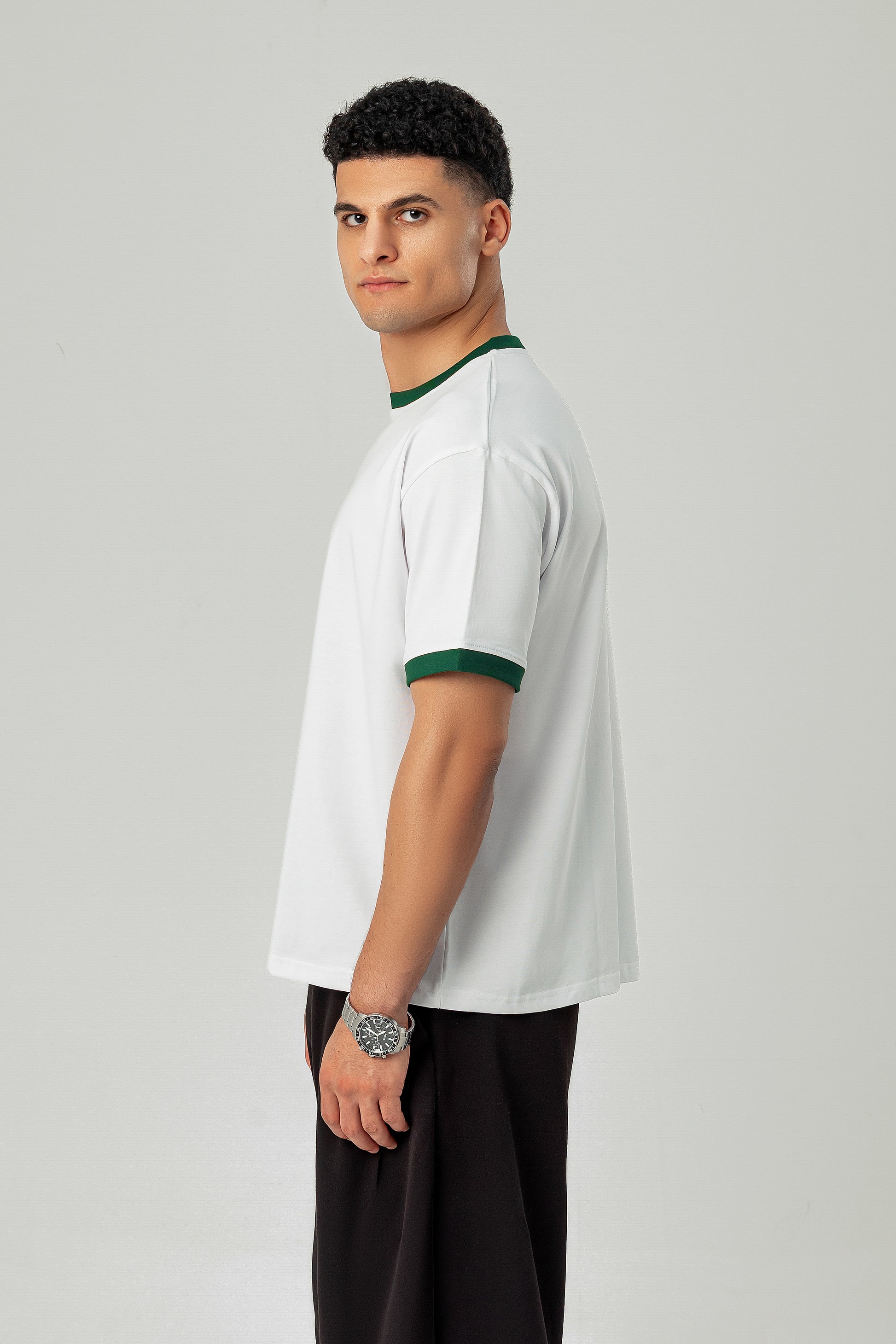 Side view of LUNEX white ringer tee with olive trim